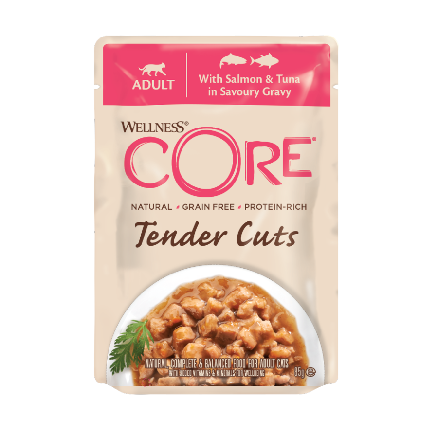 Wellness Core Tender Cuts salmão e atum em molho saquetas para gatos